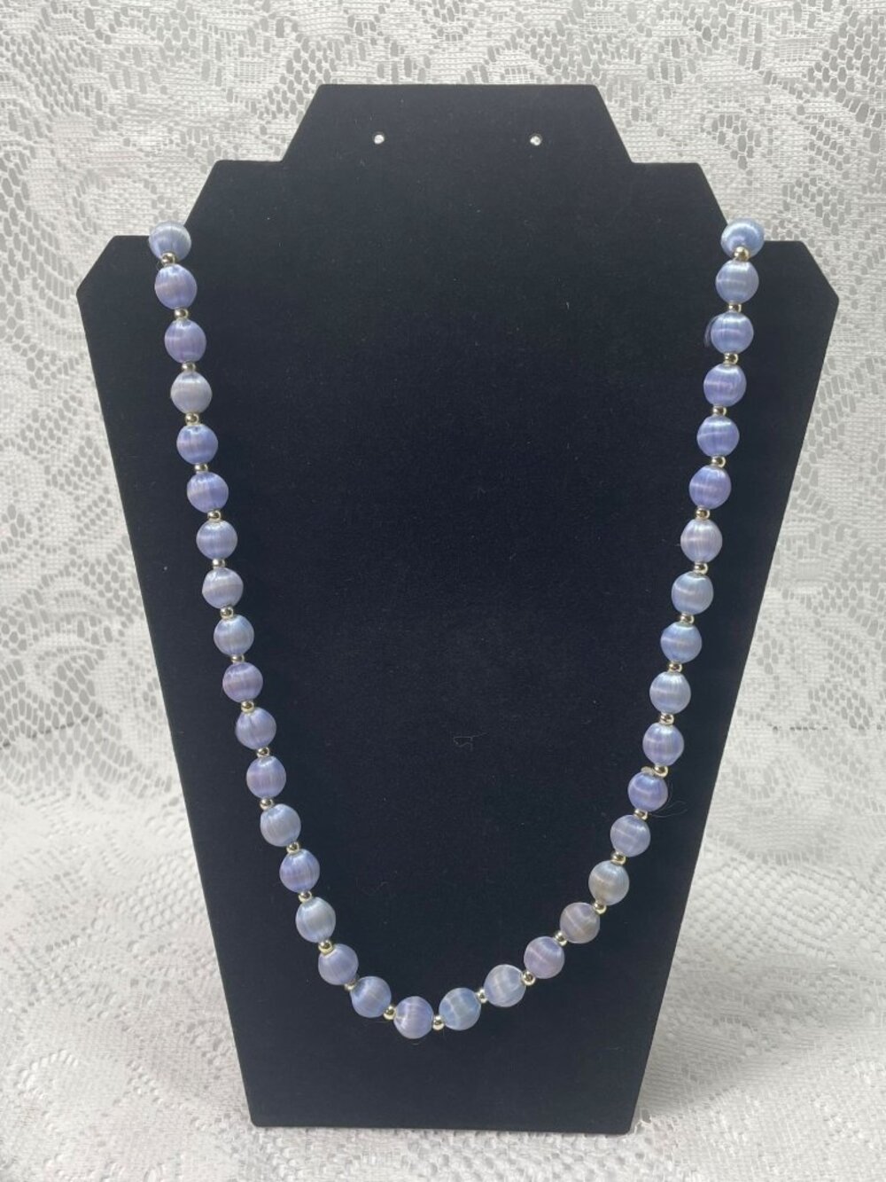VTG 60s Blue Silk Thread Wrapped Bead Necklace Gold Tone Spacers Satin Shimmer